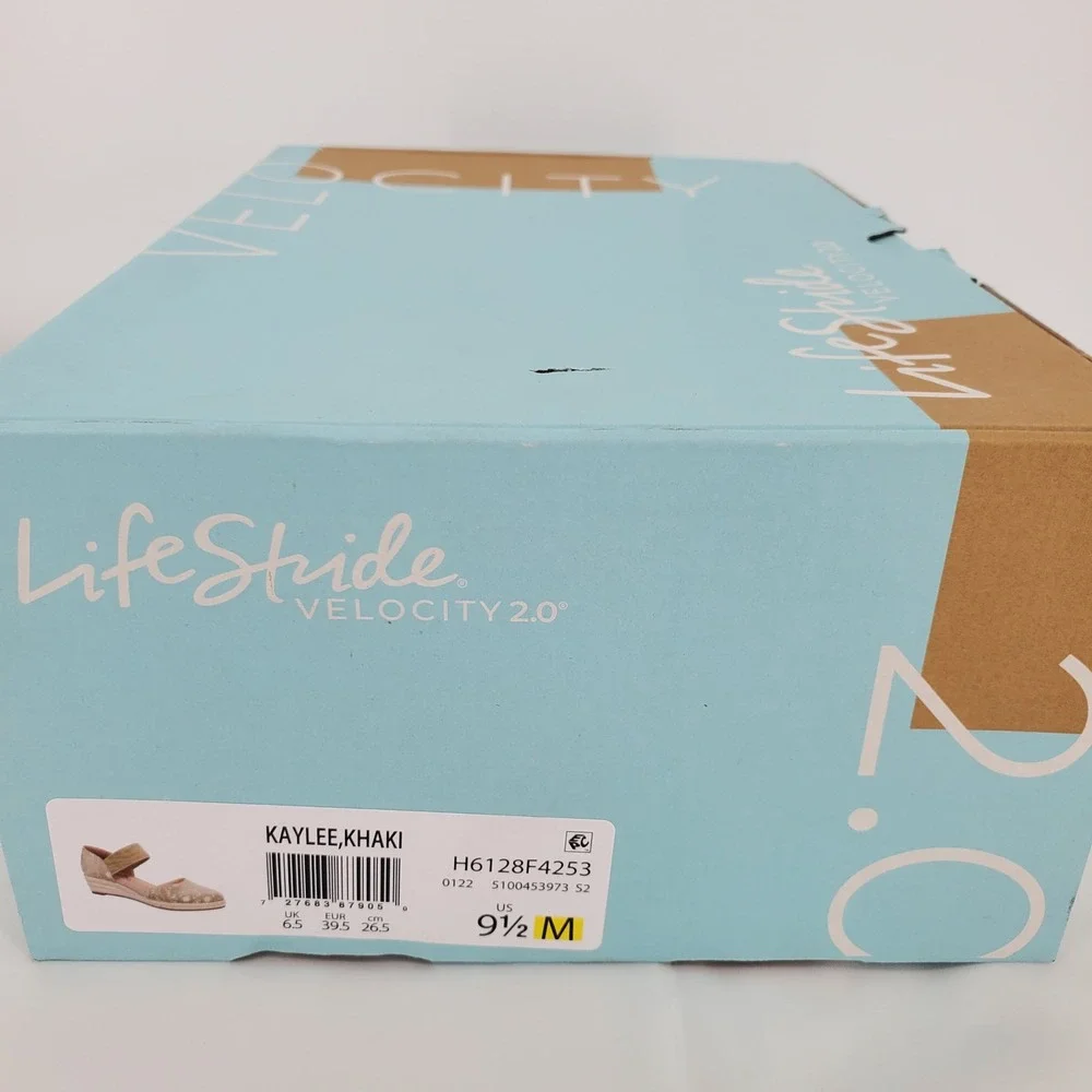 LifeStride Womens 9.5M Velocity 2.0 Kaylee Espadrille Wedge Sandal Khaki Stretch